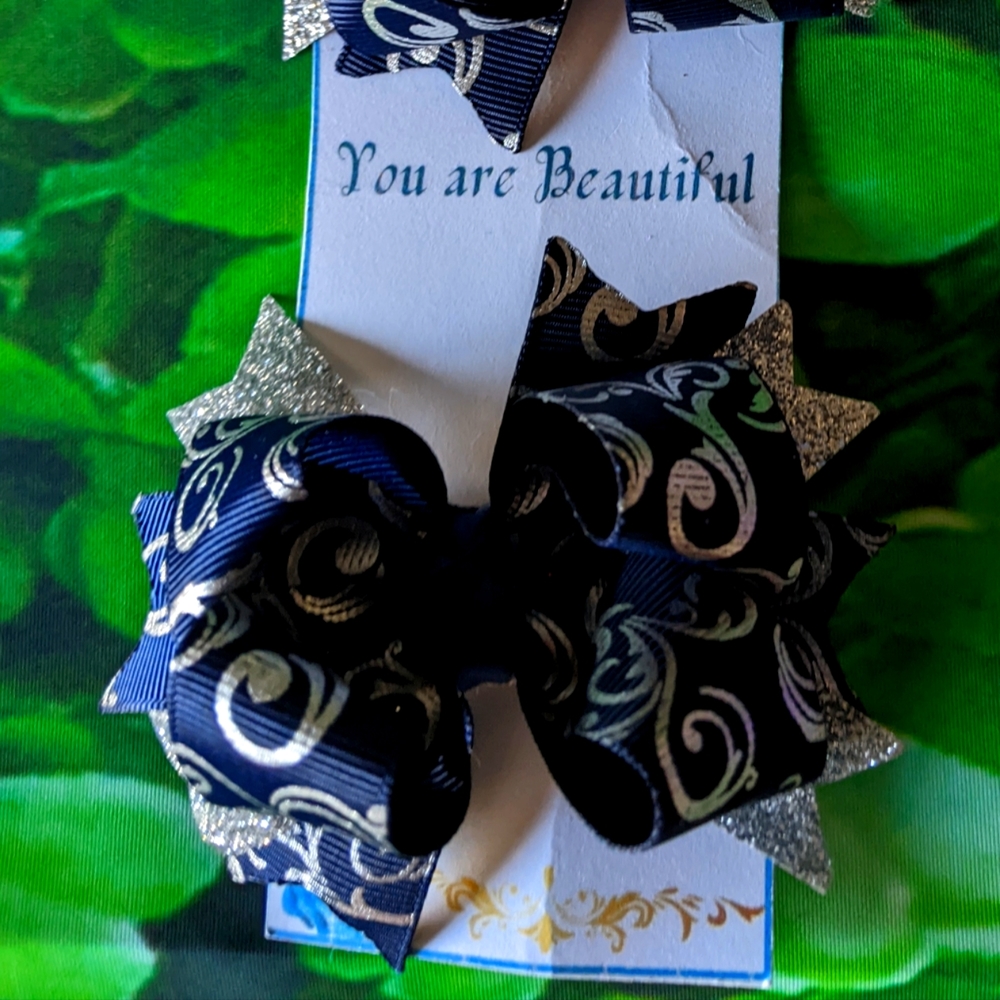 Navy blue and silver pigtail bows